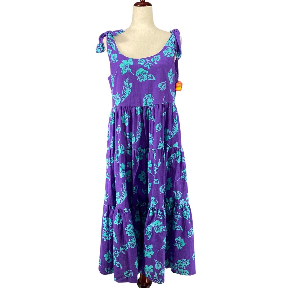 Vtg 80s 90s Two Potato Aloha Floral Midi Tiered Tie Shoulder Sundress‎ M Beachy